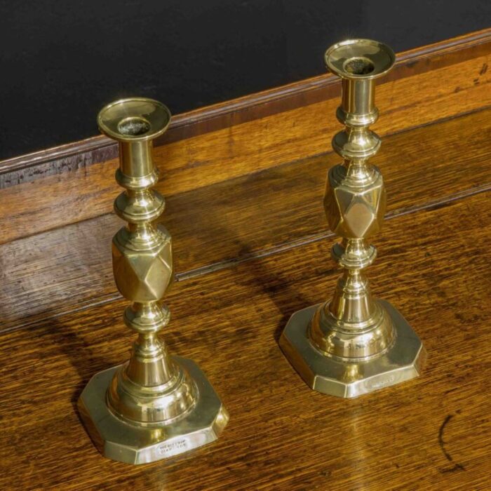 victorian queen of diamond brass candlesticks 1890s set of 2 1