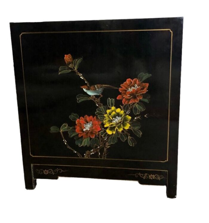 vintage 1960s chinoiserie style black lacquered bird and floral cabinet 2964