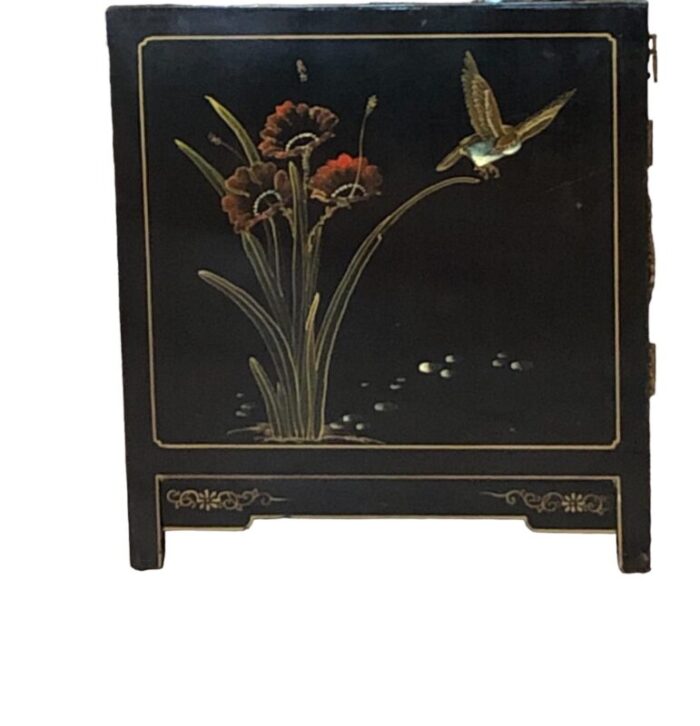 vintage 1960s chinoiserie style black lacquered bird and floral cabinet 5449