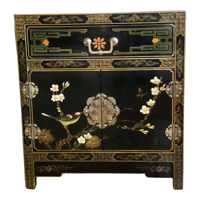 vintage 1960s chinoiserie style black lacquered bird and floral cabinet 9859