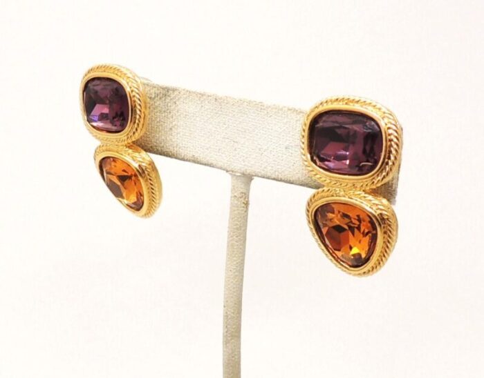 vintage 1995 signed napier goldtone faux amethyst and faux citrine pierced earrings 2 pieces 4052