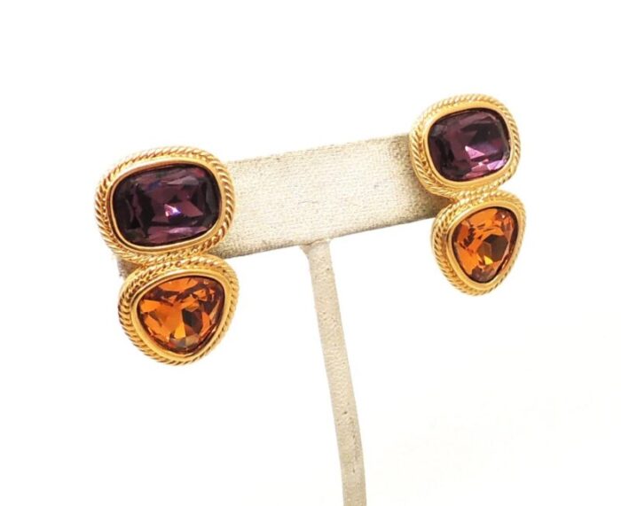 vintage 1995 signed napier goldtone faux amethyst and faux citrine pierced earrings 2 pieces 8533