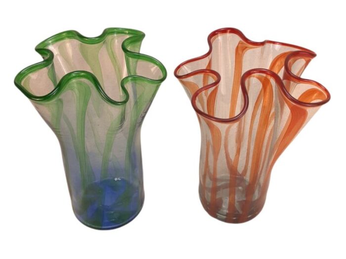 vintage art glass flower vases in green and orange set of 2 1