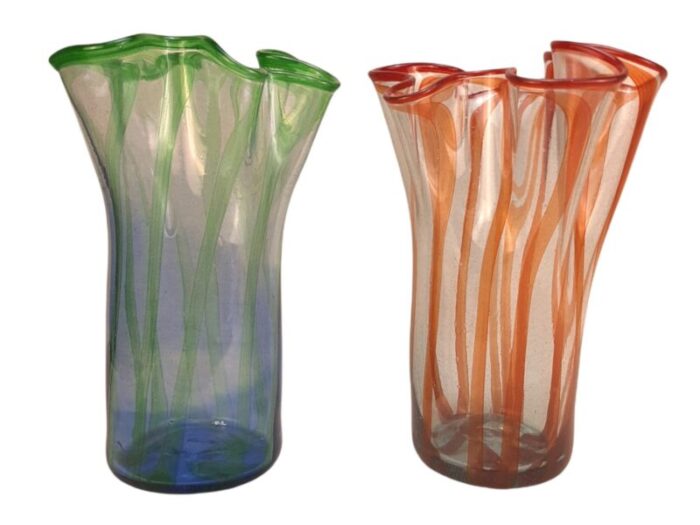 vintage art glass flower vases in green and orange set of 2 11