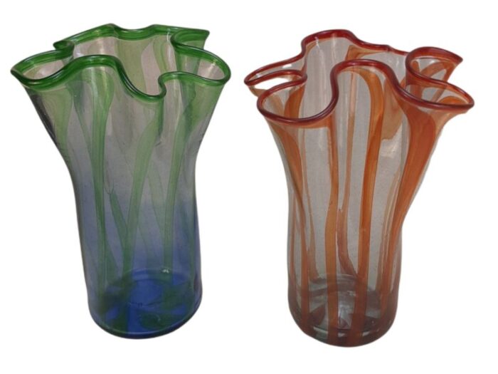 vintage art glass flower vases in green and orange set of 2 9