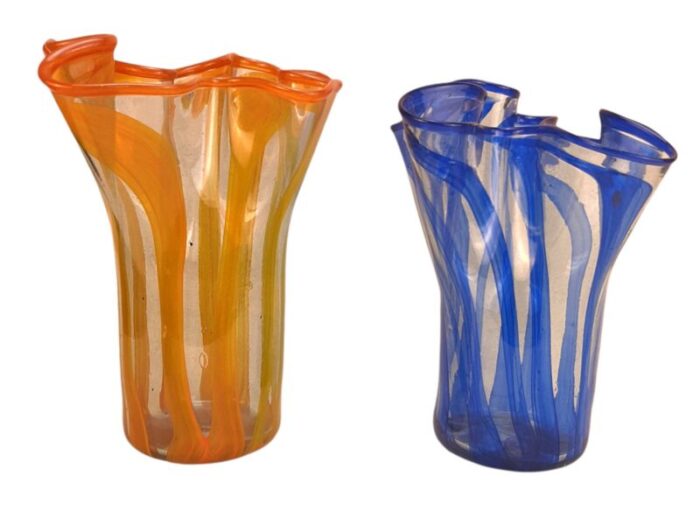 vintage art glass flower vases in orange and blue set of 2 1