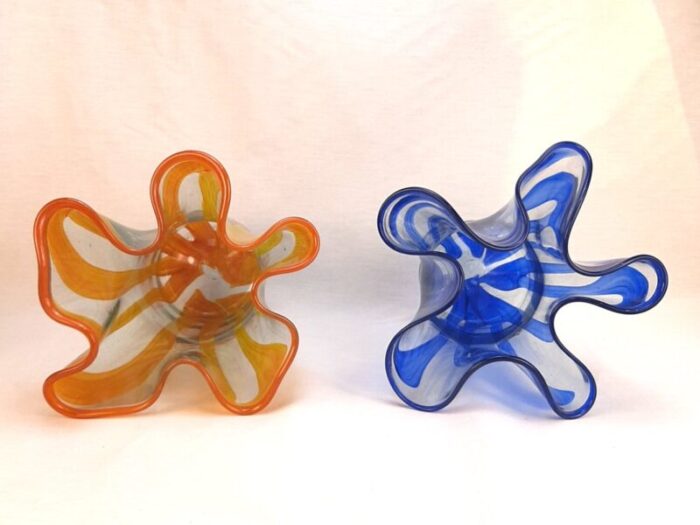 vintage art glass flower vases in orange and blue set of 2 3