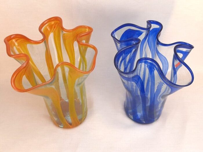 vintage art glass flower vases in orange and blue set of 2 4