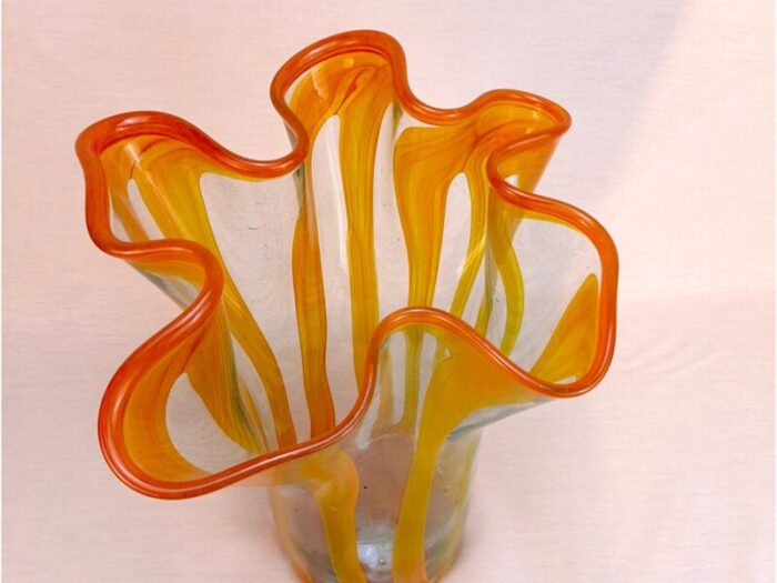 vintage art glass flower vases in orange and blue set of 2 5