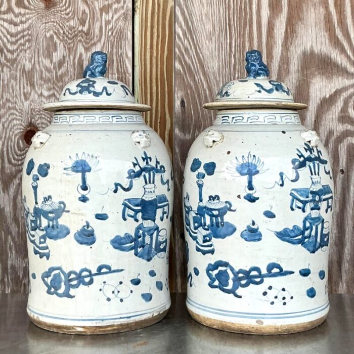 vintage asian hand painted foo dog ginger jars a pair 3508