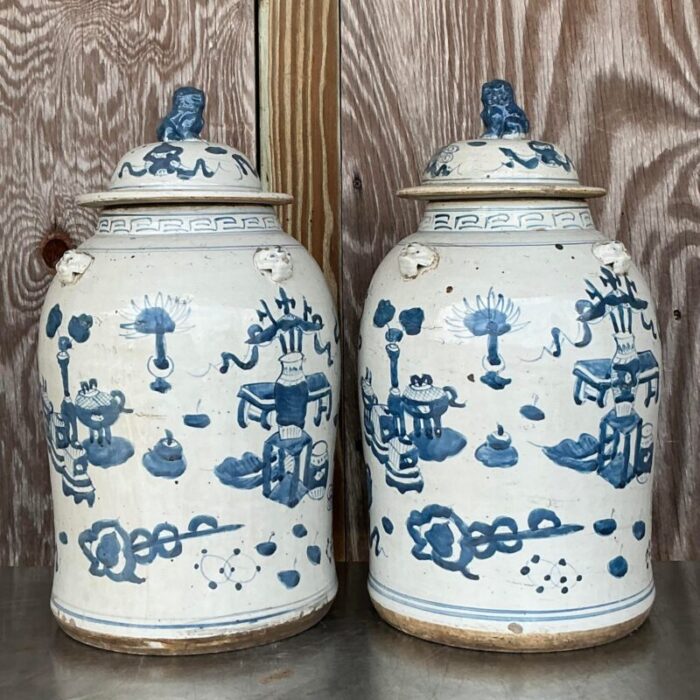 vintage asian hand painted foo dog ginger jars a pair 4861