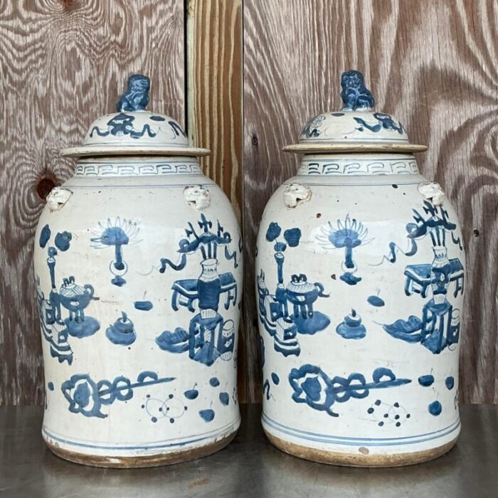 vintage asian hand painted foo dog ginger jars a pair 9025