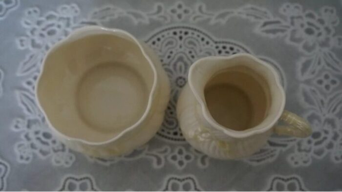 vintage belleek yellow ribbon pattern creamer and sugar bowl 2430