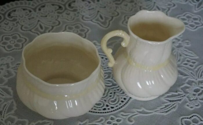 vintage belleek yellow ribbon pattern creamer and sugar bowl 2784