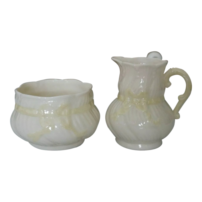 vintage belleek yellow ribbon pattern creamer and sugar bowl 4068