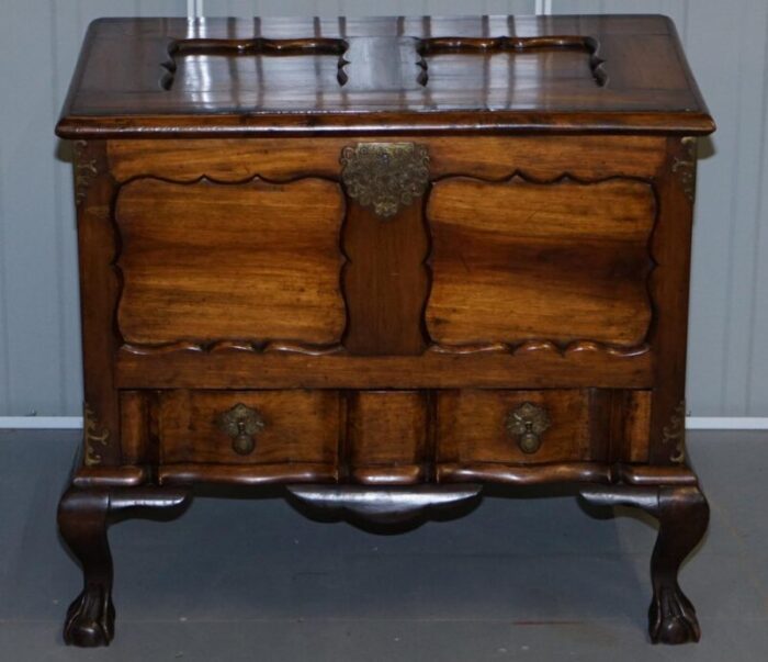 vintage carved hardwood trunk or chest with drawer and claw ball legs 2