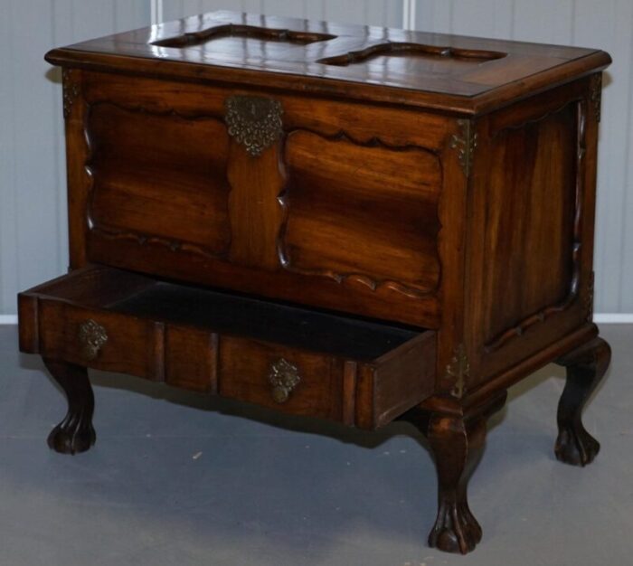 vintage carved hardwood trunk or chest with drawer and claw ball legs 4