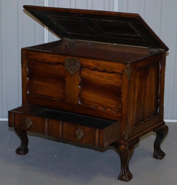 vintage carved hardwood trunk or chest with drawer and claw ball legs 5