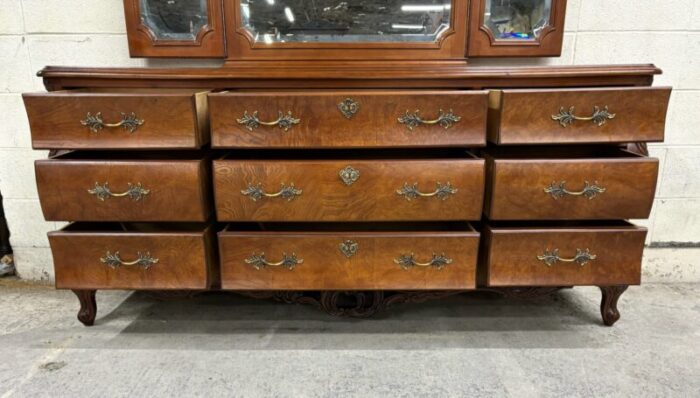 vintage century french provincial louis xv style burled top triple dresser 1405