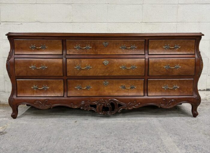 vintage century french provincial louis xv style burled top triple dresser 2472