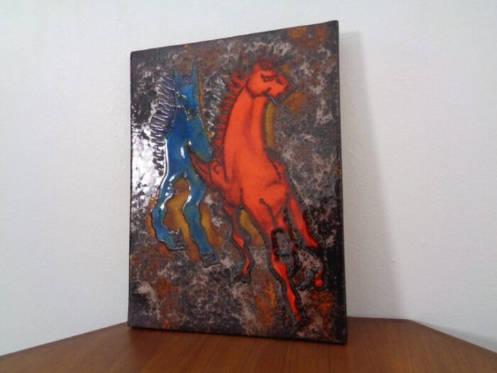 vintage ceramic 769 plaque with horses from ruscha 1970s 3