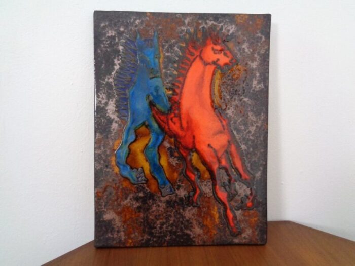 vintage ceramic 769 plaque with horses from ruscha 1970s 4