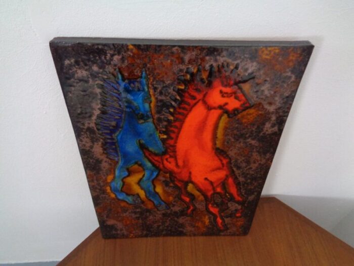 vintage ceramic 769 plaque with horses from ruscha 1970s 7