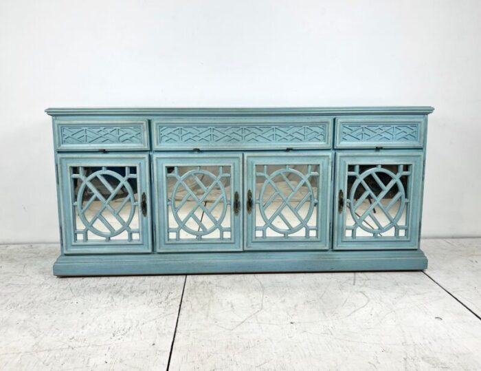 vintage chinoiserie fretwork mirrored credenza 0376