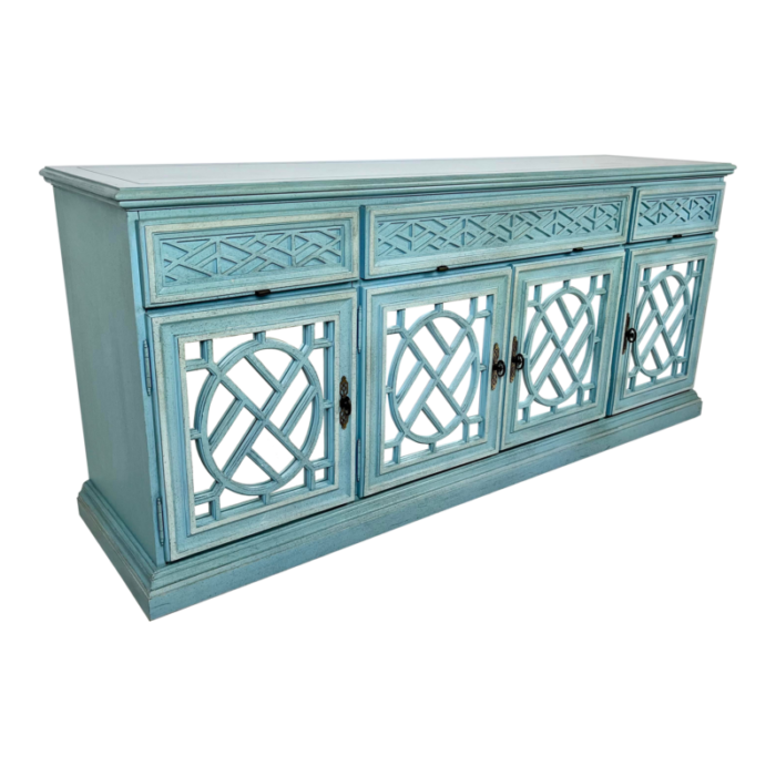 vintage chinoiserie fretwork mirrored credenza 3346