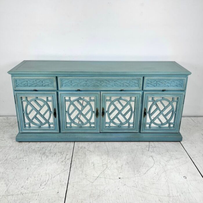 vintage chinoiserie fretwork mirrored credenza 9224