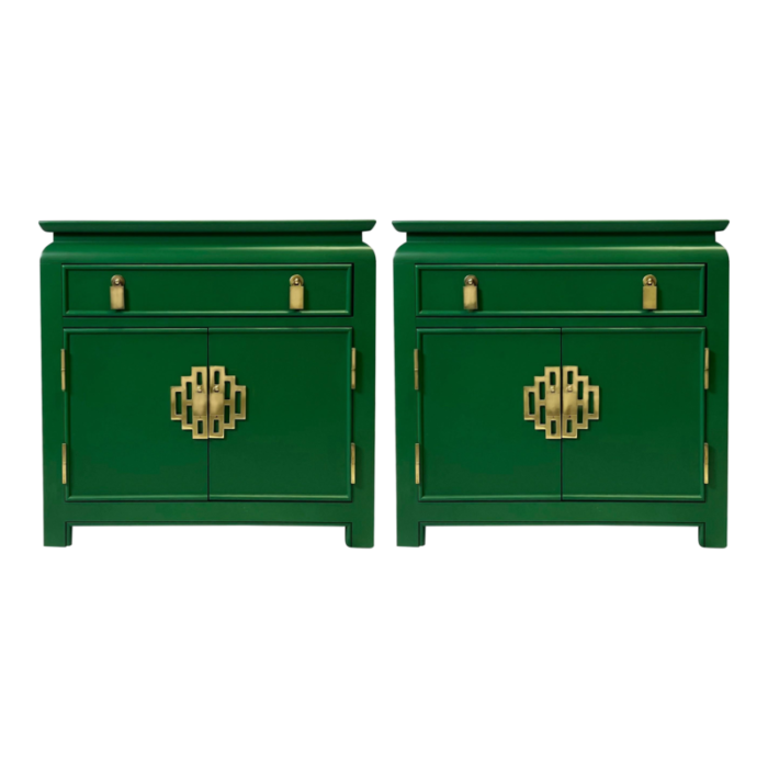 vintage chinoiserie nightstands by raymond sobota professionally lacquered in emerald green 2275