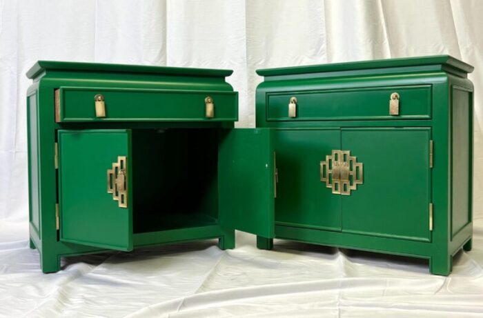 vintage chinoiserie nightstands by raymond sobota professionally lacquered in emerald green 3023