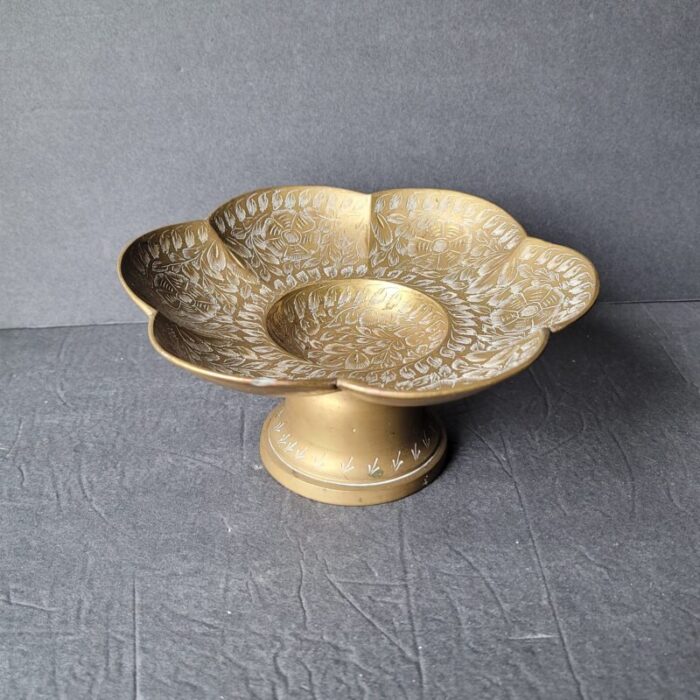 vintage etched brass footed bowl made in india 9417