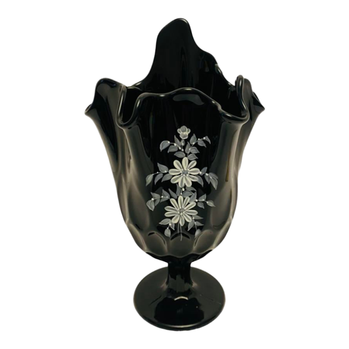 vintage fenton thumbprint hand painted handkerchief black vase signed 3798