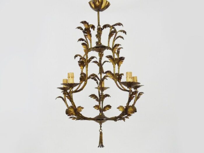 vintage florentine style foliage chandelier with 5 lights in gold metal 1960s 0001