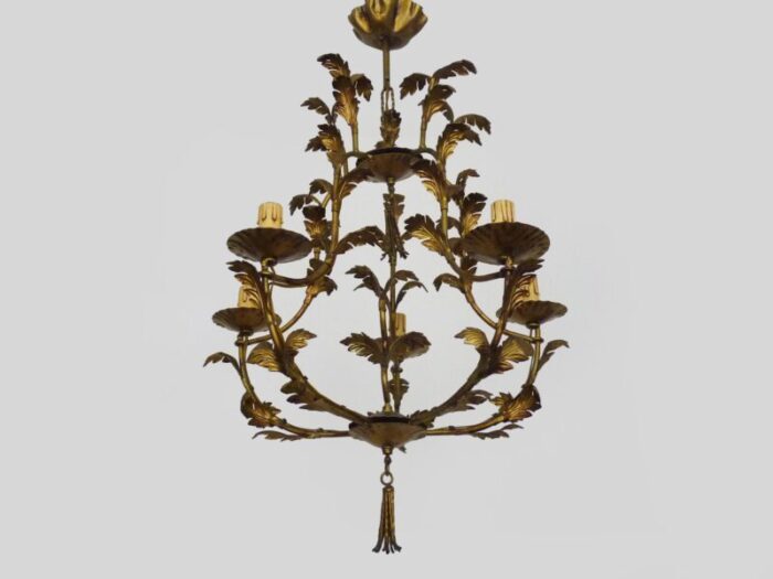 vintage florentine style foliage chandelier with 5 lights in gold metal 1960s 0050