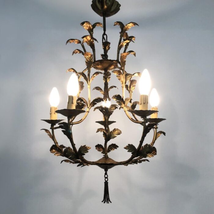 vintage florentine style foliage chandelier with 5 lights in gold metal 1960s 0354