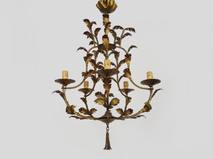 vintage florentine style foliage chandelier with 5 lights in gold metal 1960s 0894