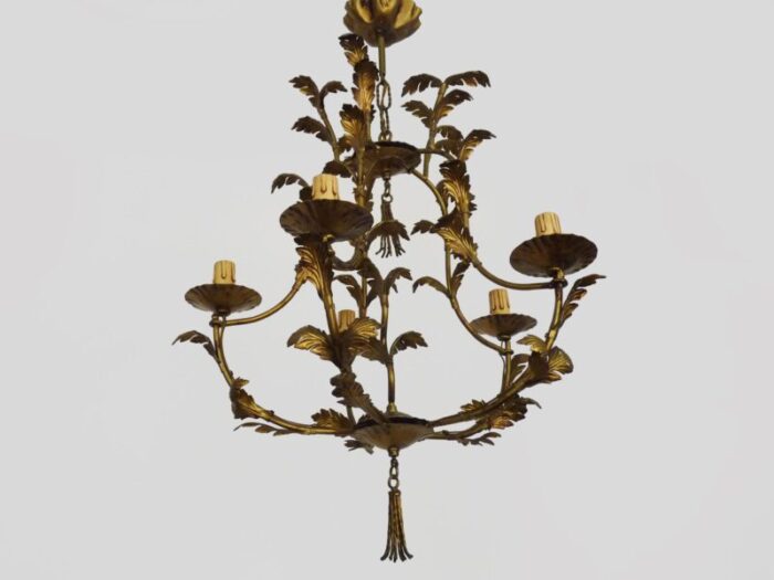 vintage florentine style foliage chandelier with 5 lights in gold metal 1960s 5642