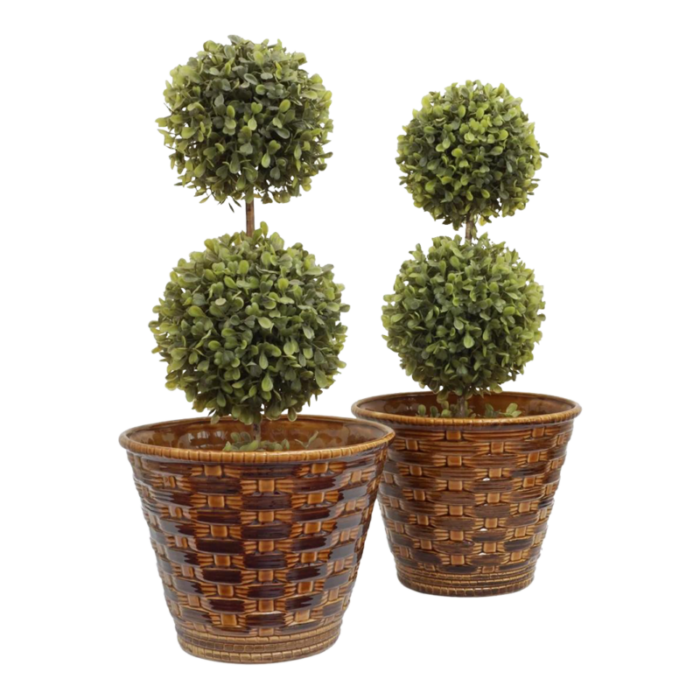 vintage french majolica large cachepot sarreguemines topiary display basketweave planter large flowerpot a pair 8577