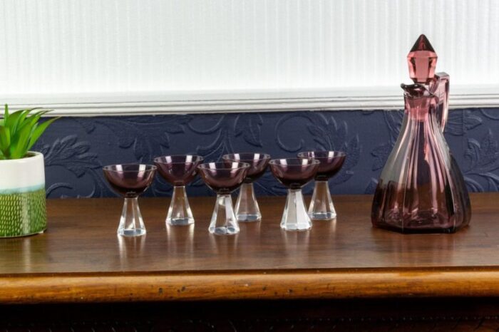 vintage glass decanter and six glasses set of 7 14