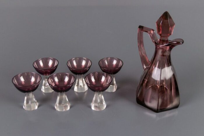 vintage glass decanter and six glasses set of 7 5