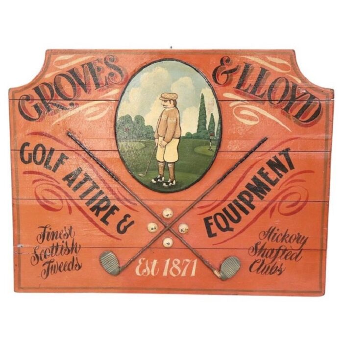 vintage hand painted advertising sign for golf equipments in wood 1920s 1