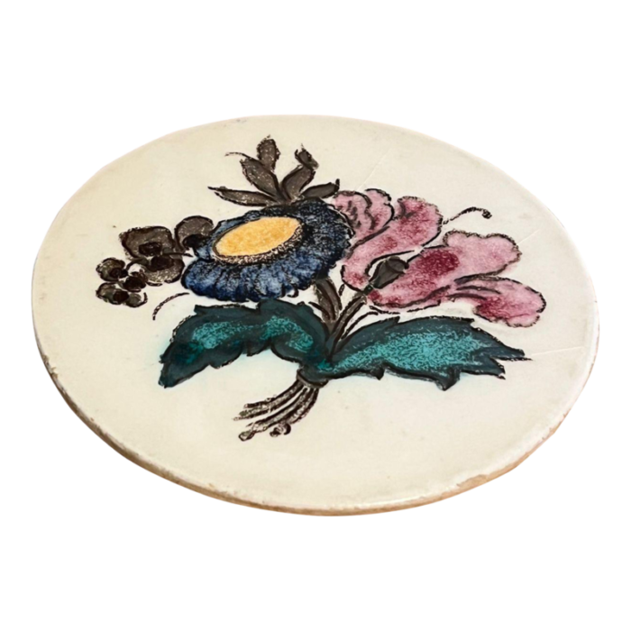 vintage hand painted round floral ceramic tile coaster 3420