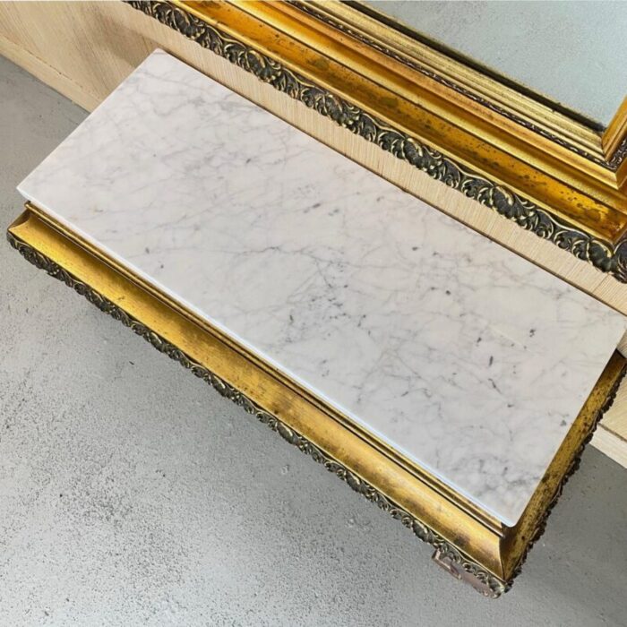 vintage hollywood regency gold mirror and white italian marble console table set 1007