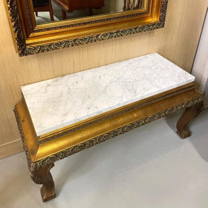 vintage hollywood regency gold mirror and white italian marble console table set 3350