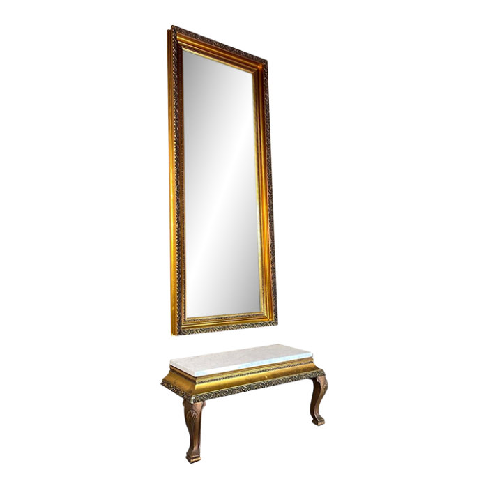 vintage hollywood regency gold mirror and white italian marble console table set 9889