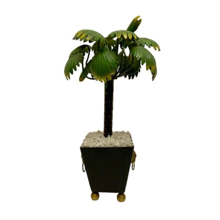 vintage hollywood regency metal petite potted palm tree with lions head 1235