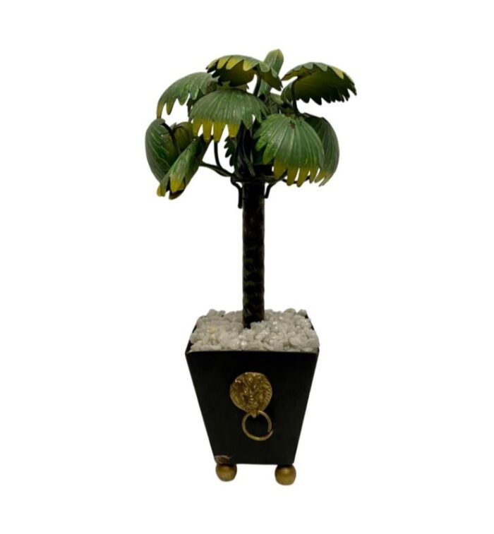 vintage hollywood regency metal petite potted palm tree with lions head 2479