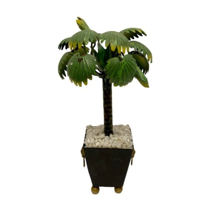 vintage hollywood regency metal petite potted palm tree with lions head 6926